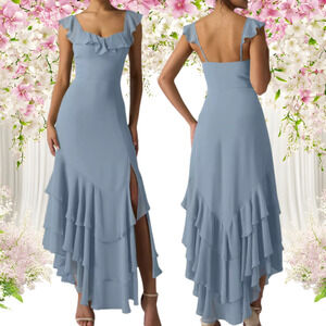 AW BRIDAL 10 L light dusty bule chiffon Anaya bridesmaid maxi dress NEW B36